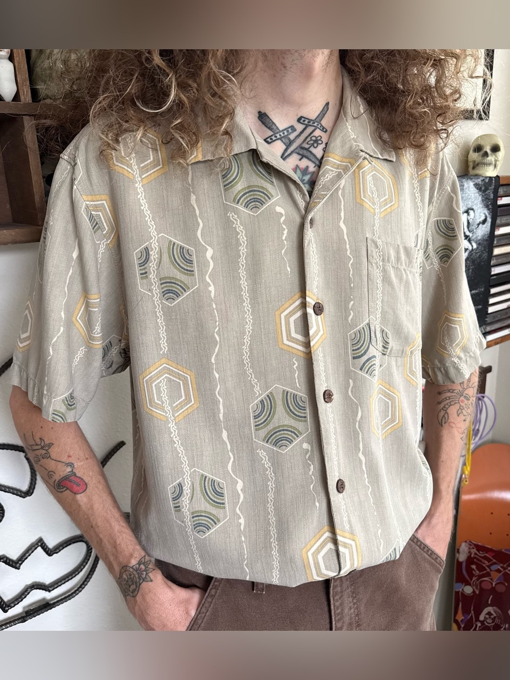Vintage 90s 2000s Silk Earthy Abstract Button Down Shirt ~ Size Large